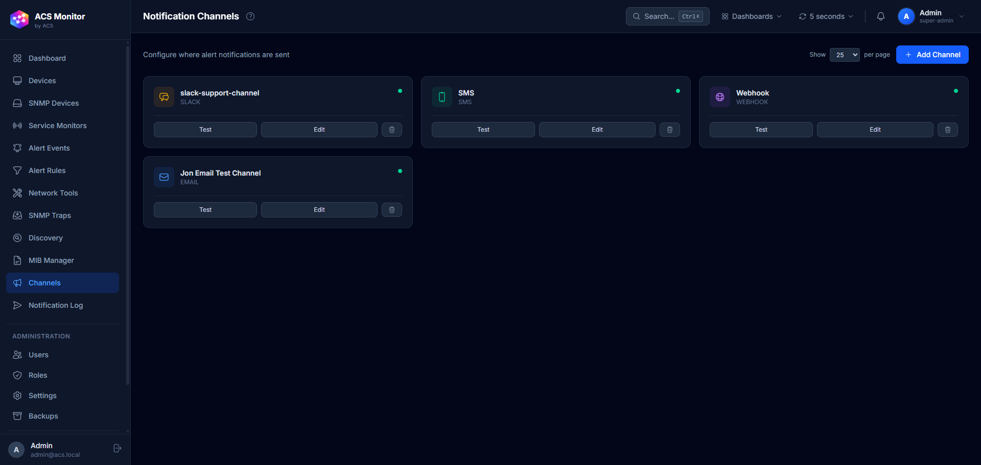 ACS Monitor notification channel configuration with email, SMS, Slack, and webhook setup