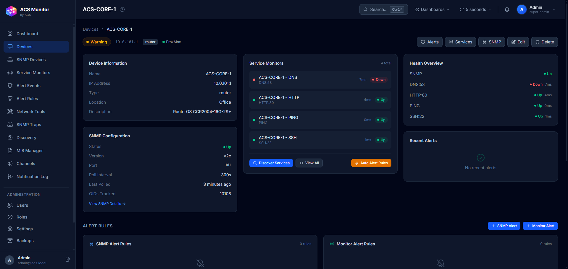 ACS Monitor SNMP device monitoring with service monitors and network diagnostics